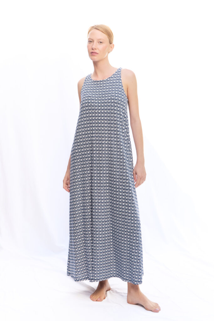 VESTIDO OLIVIA LYCRA BLANCO AZUL MARINO GEOMÉTRICO