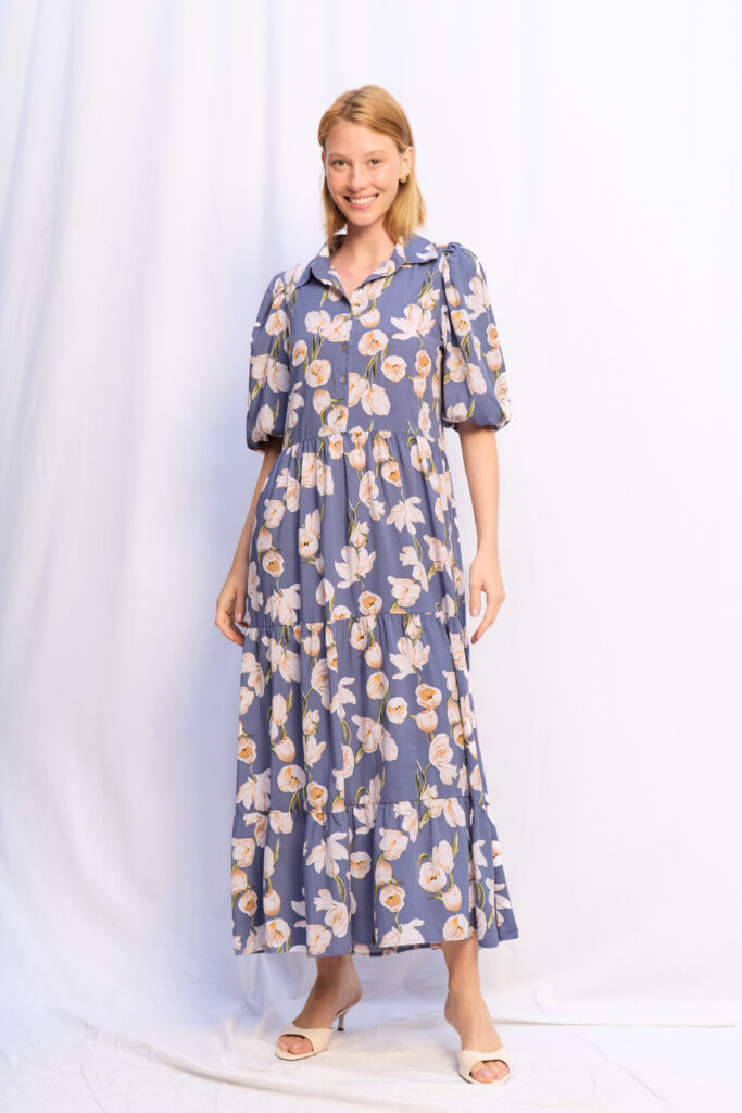 VESTIDO AMANDA ACERO HOJAS CREMAS