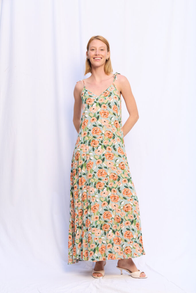 VESTIDO LUCY VERDE AGUA ROSAS NARANJAS