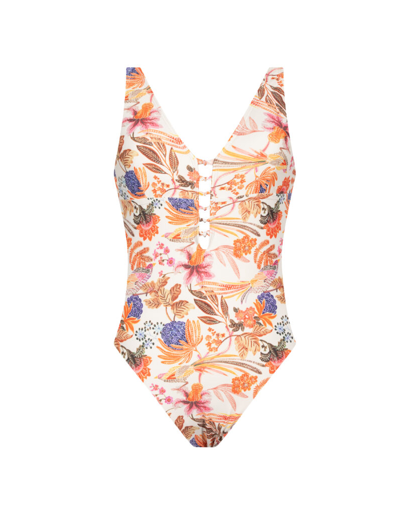 ROPA DE BAÑO 6 NUDOS ECRU FLORES TROPICAL