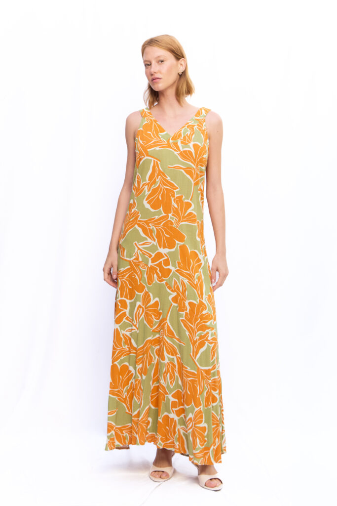 VESTIDO ANNIE VERDE OLIVA FLORES NARANJAS