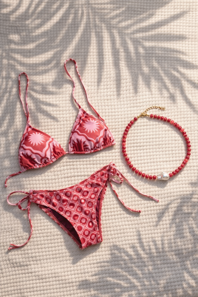 BIKINI JULIANA ROSA CORAL SOL + PINK PEARL PUKKA NECKLACE